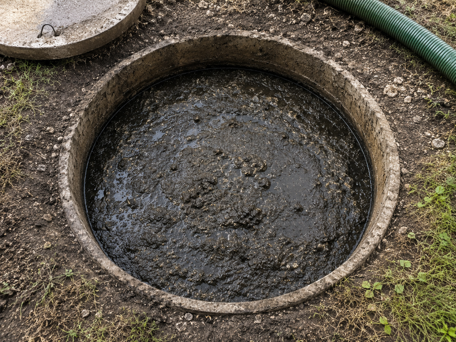 Kapağı açılmış beton foseptik çukuru, atıkla dolu; vakum hortumu hazır